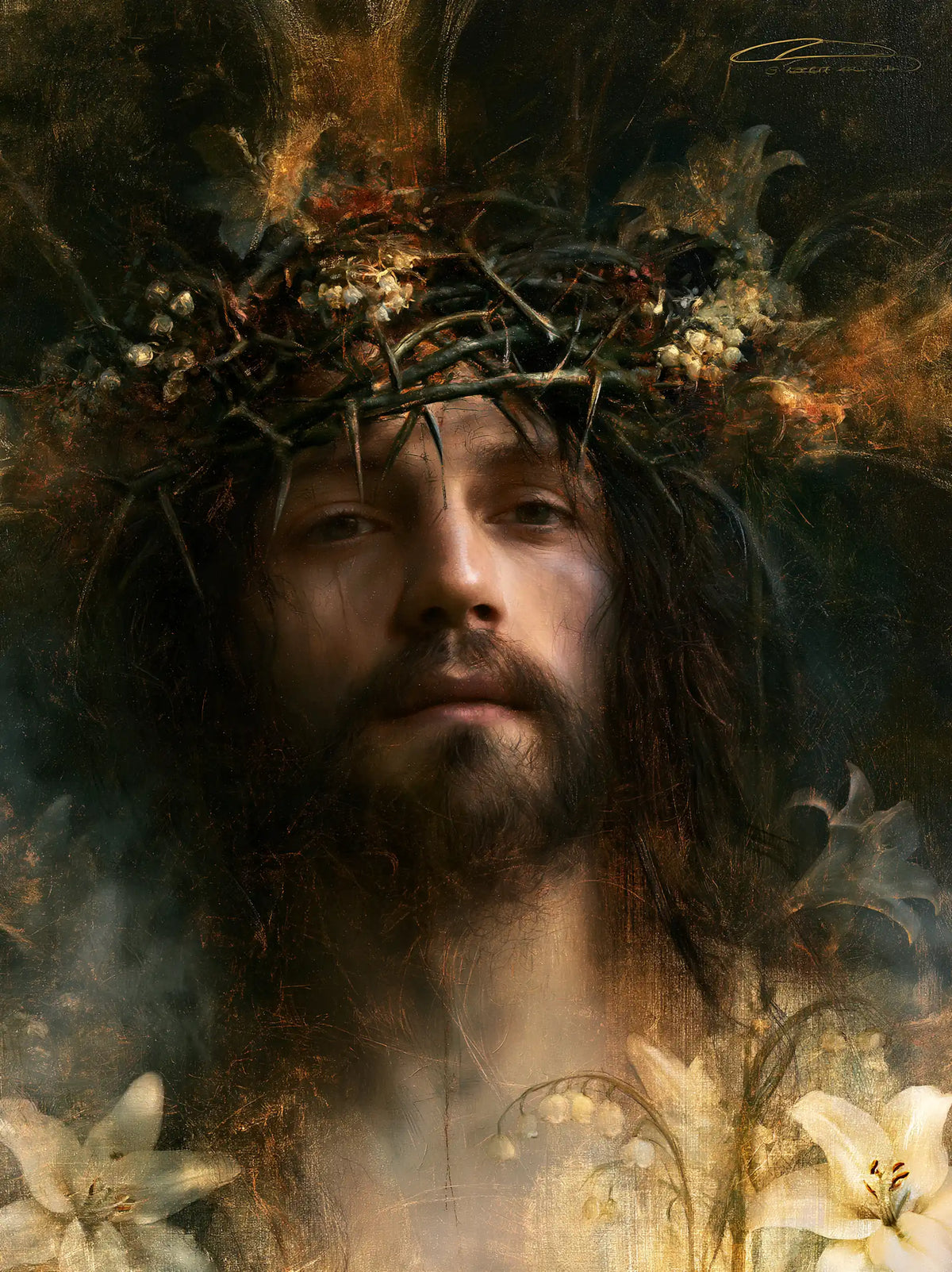 Jesus Crowned with Thorns — The Medallion among Pale Flowers