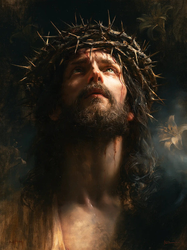 Jesus Crowned with Thorns — The Neck Raised in Dark Mist