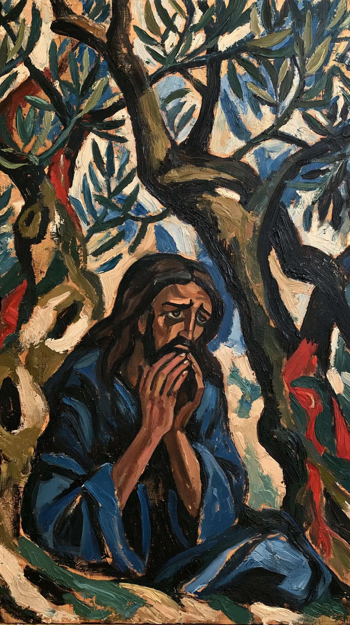 Jesus in Gethsemane — The Face between Pale Trunks