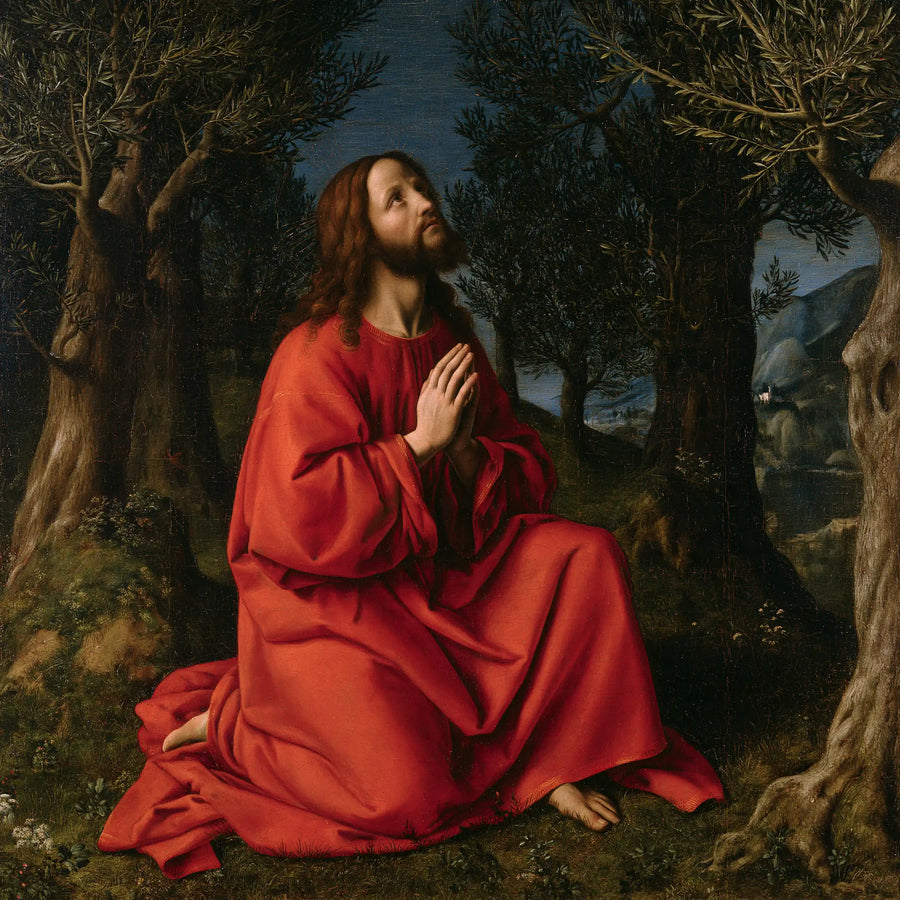 Jesus in Gethsemane — Prayer Robed in Deep Red