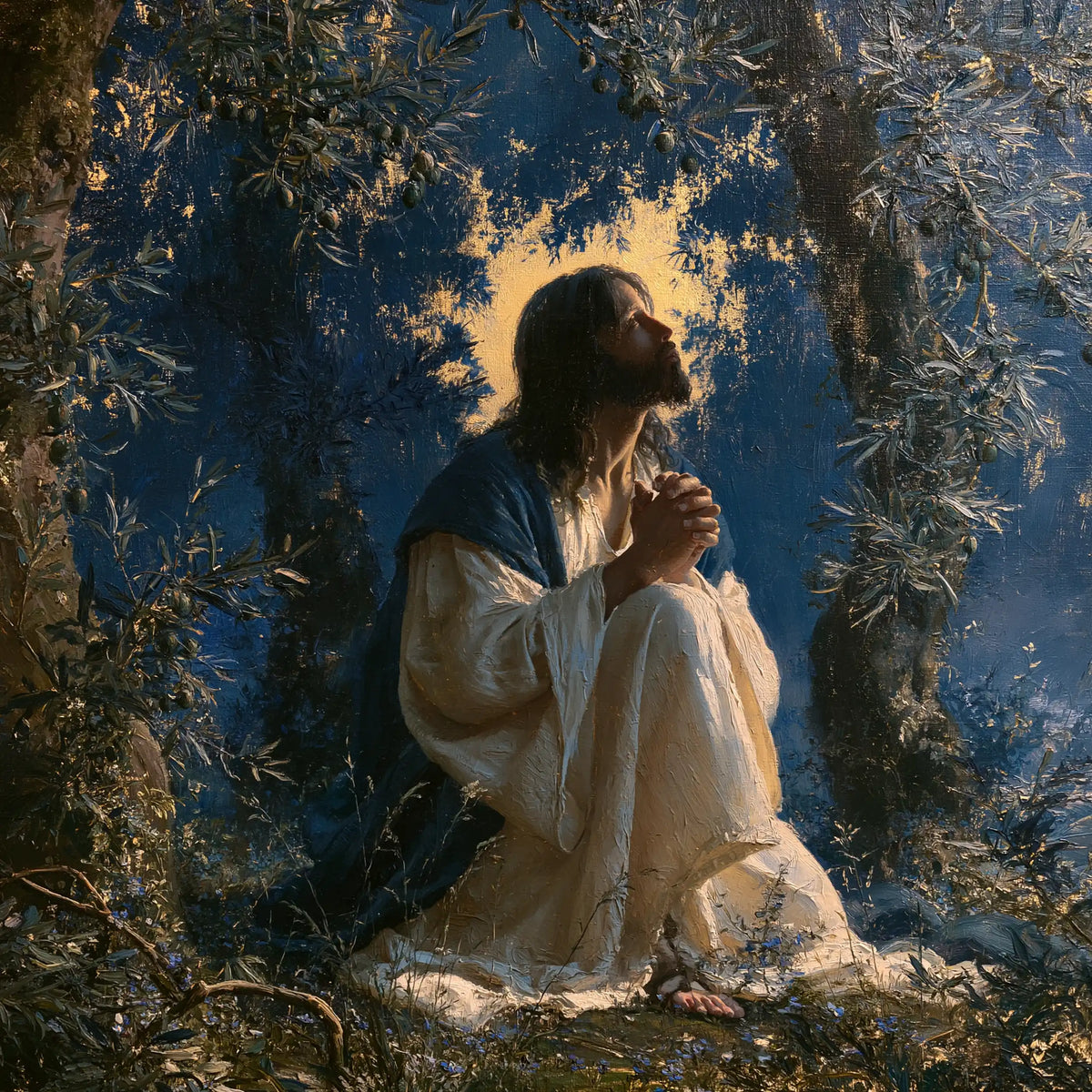 Jesus in Gethsemane - Gethsemane in Midnight Blue, Olive and Gold · Square n° 2
