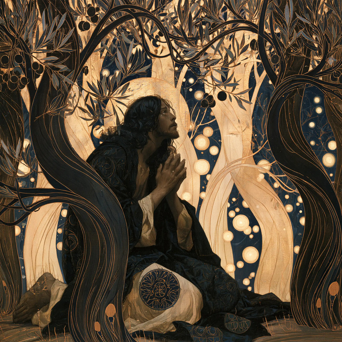 Jesus in Gethsemane — The Gaze in a Night of Golden Pearls