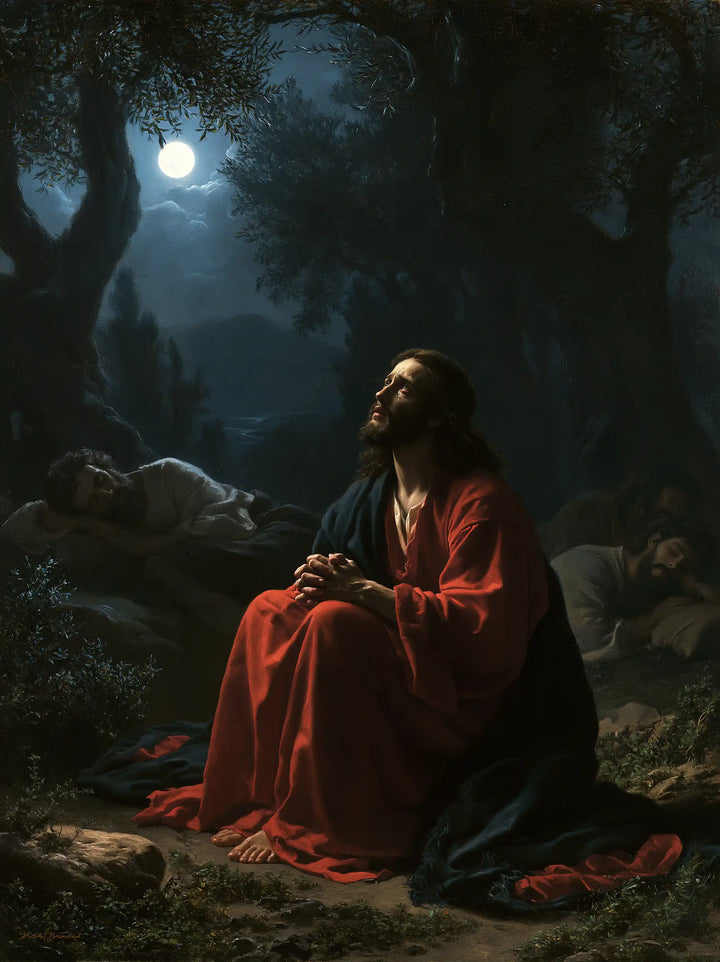 Jesus in Gethsemane — Red Prayer in the Peaceful Night