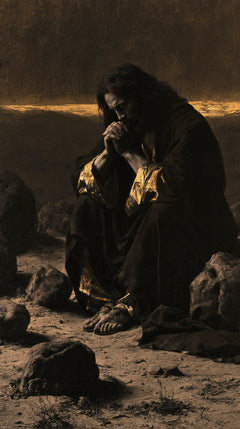 Jesus in the Desert — Hands Joined Beneath the Fiery Horizon