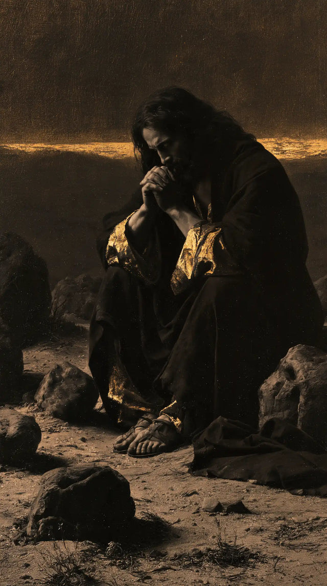 Jesus in the Desert — Hands Joined Beneath the Fiery Horizon