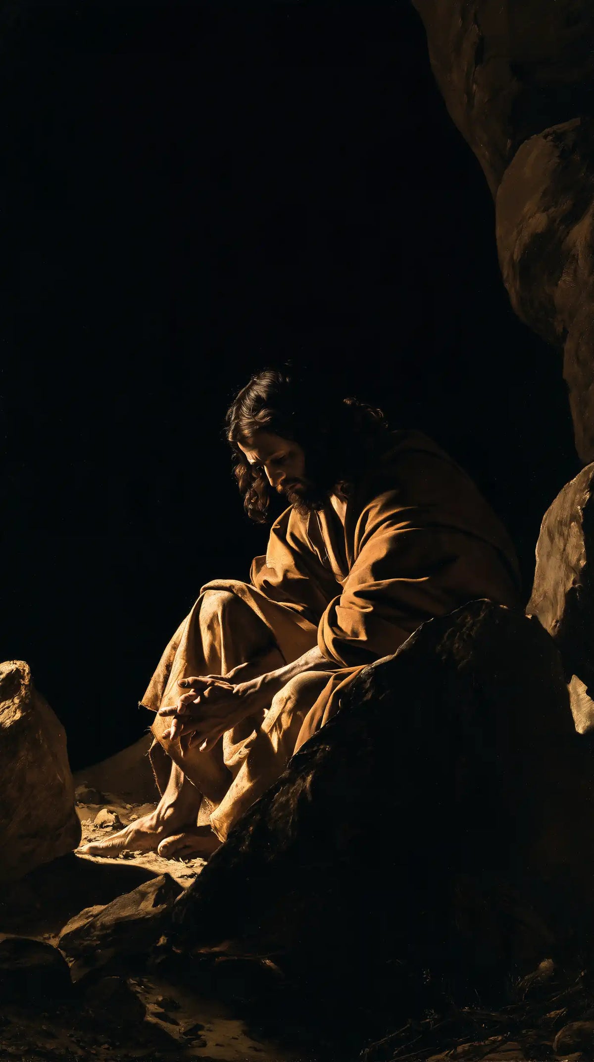 Jesus in the desert during the temptation in Caravaggio Tenebrism style, portrait Christian artwork no. 9