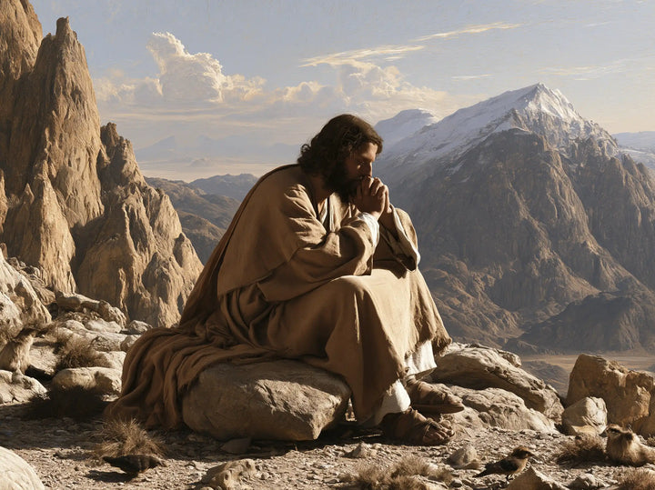 Jesus in the Desert — Prayer Before the Snow-Capped Mountain