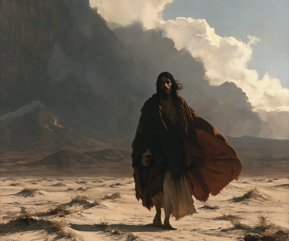Jesus in the Desert — The Earthen Mantle Beneath Deep Clouds