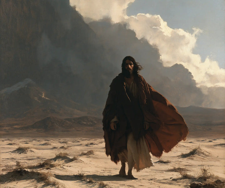 Jesus in the Desert — The Earthen Mantle Beneath Deep Clouds