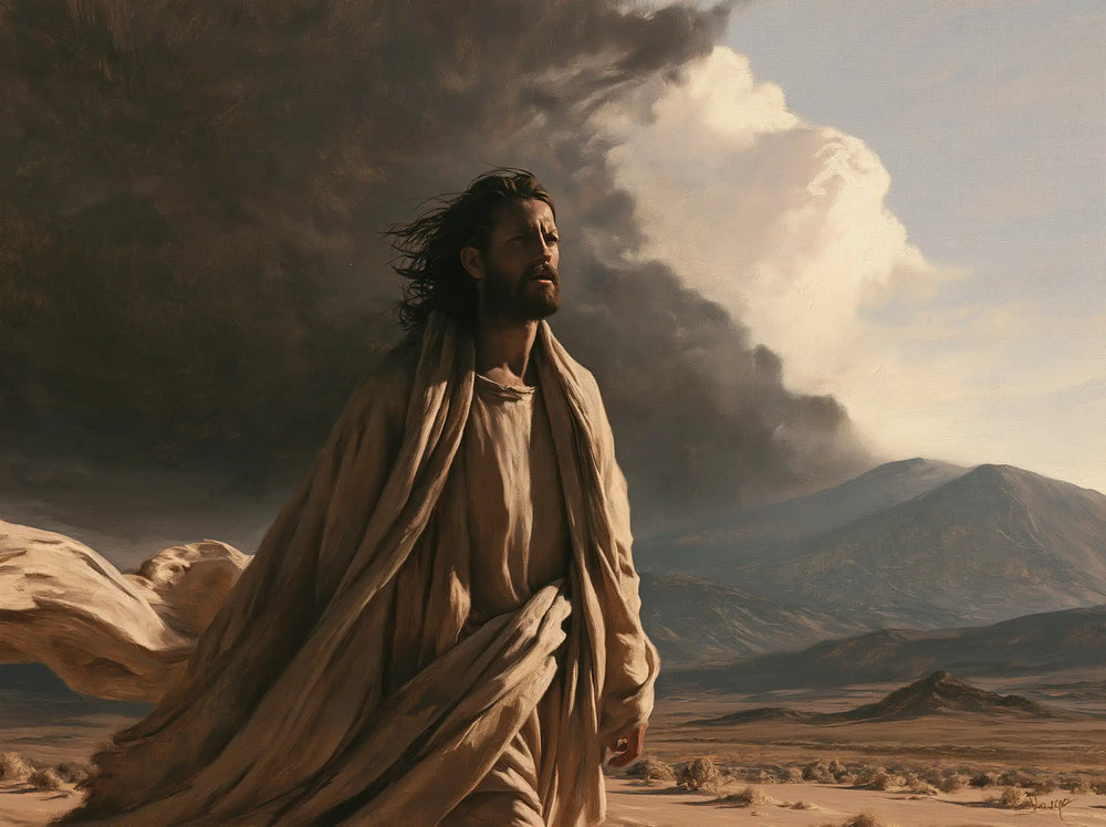 Jesus confronting an inner spiritual struggle in the desert in The Inner Struggle style, landscape Christian artwork no. 8