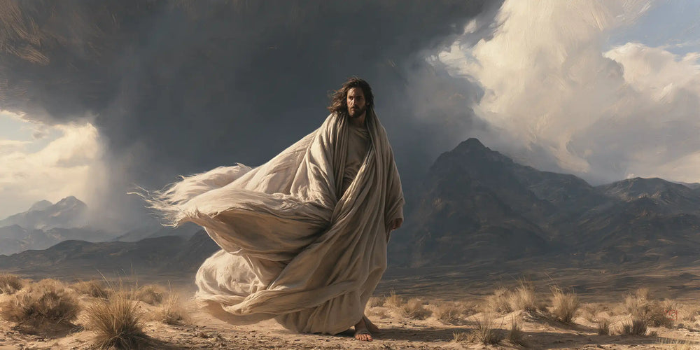 Jesus confronting an inner spiritual struggle in the desert in The Inner Struggle style, landscape Christian artwork no. 18