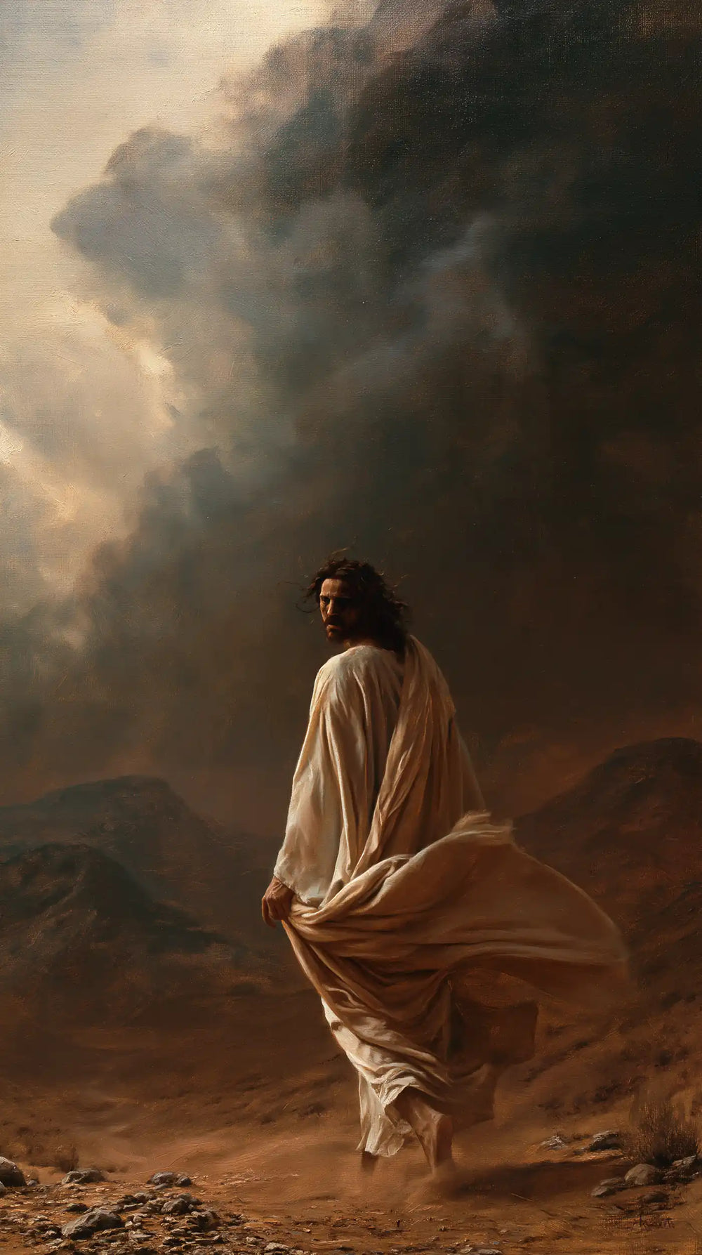 Jesus confronting an inner spiritual struggle in the desert in The Inner Struggle style, portrait Christian artwork no. 1