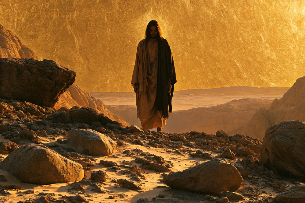 Jesus in the desert during the temptation in Sacred Gold style, landscape Christian artwork no. 7