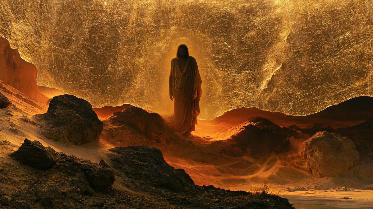 Jesus in the desert during the temptation in Sacred Gold style, landscape Christian artwork no. 9
