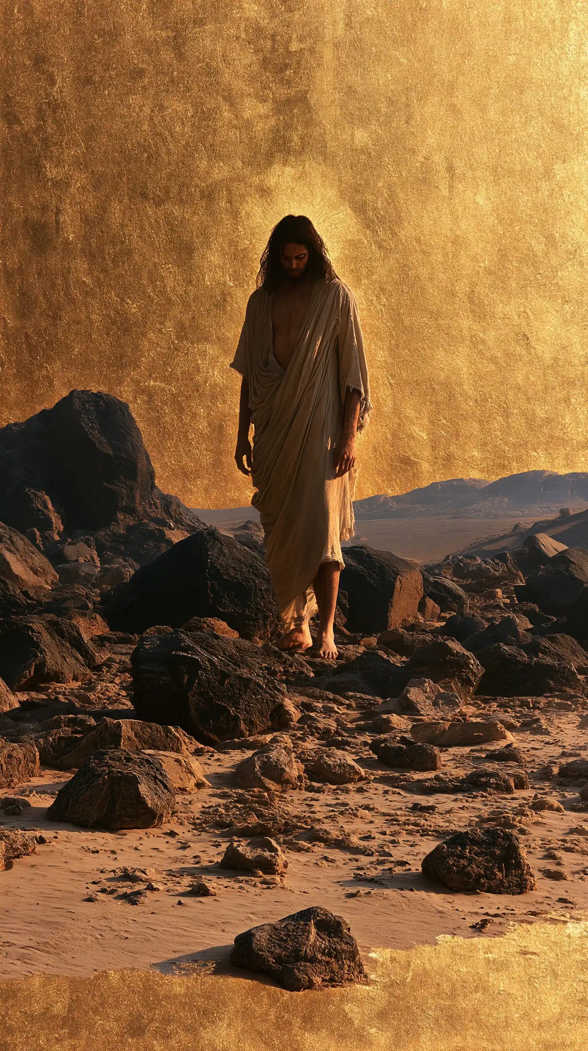 Jesus in the desert during the temptation in Sacred Gold style, portrait Christian artwork no. 11