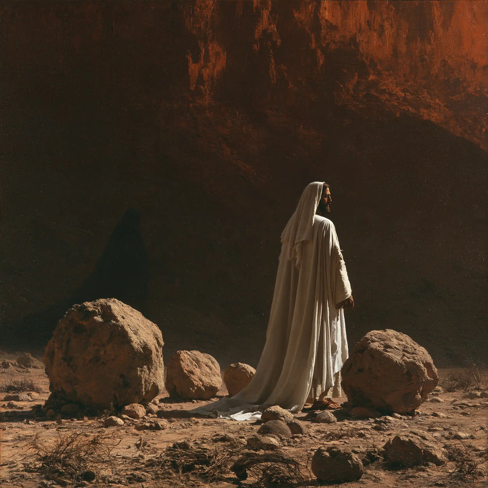 Jesus facing the temptation to turn stones into bread in The Stones of Temptation style, square Christian artwork no. 4