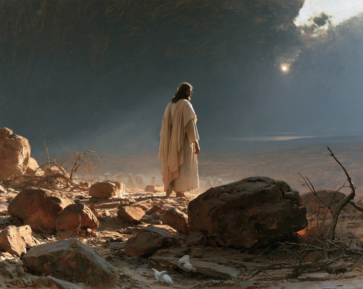 Jesus in the Desert — Golden Dust around the Still Footstep
