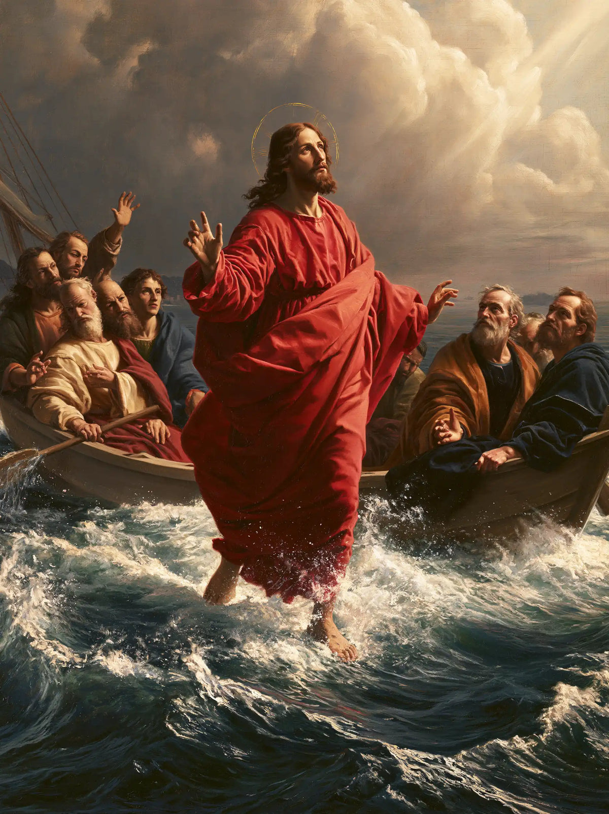 Jesus walking on water in Florentine Renaissance style, portrait Christian artwork no. 28