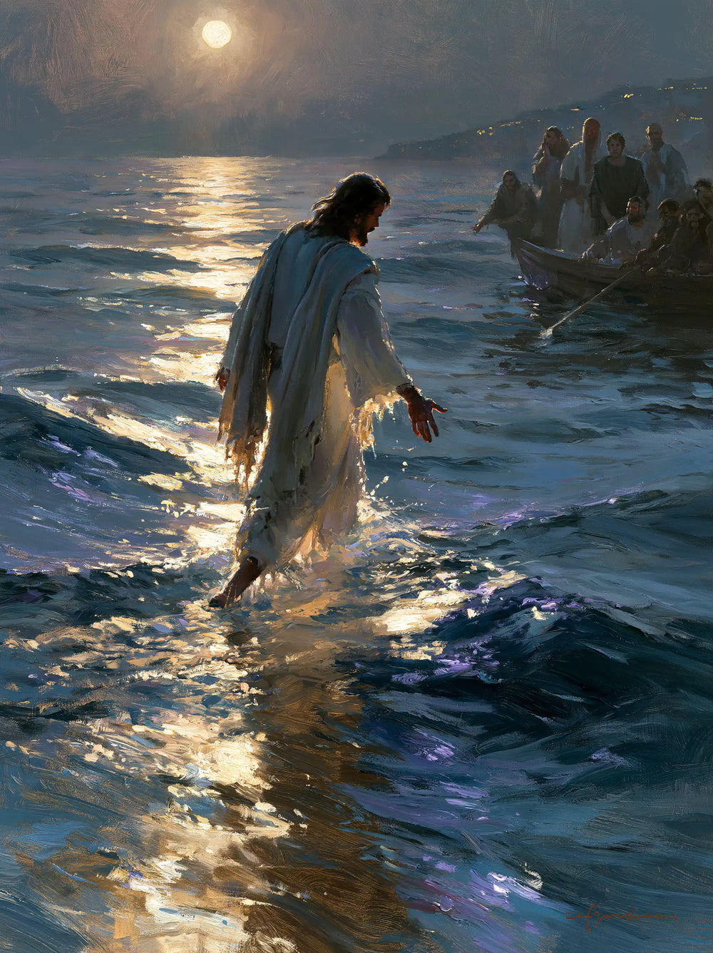 Jesus walking on water in Impressionist style, portrait Christian artwork no. 28
