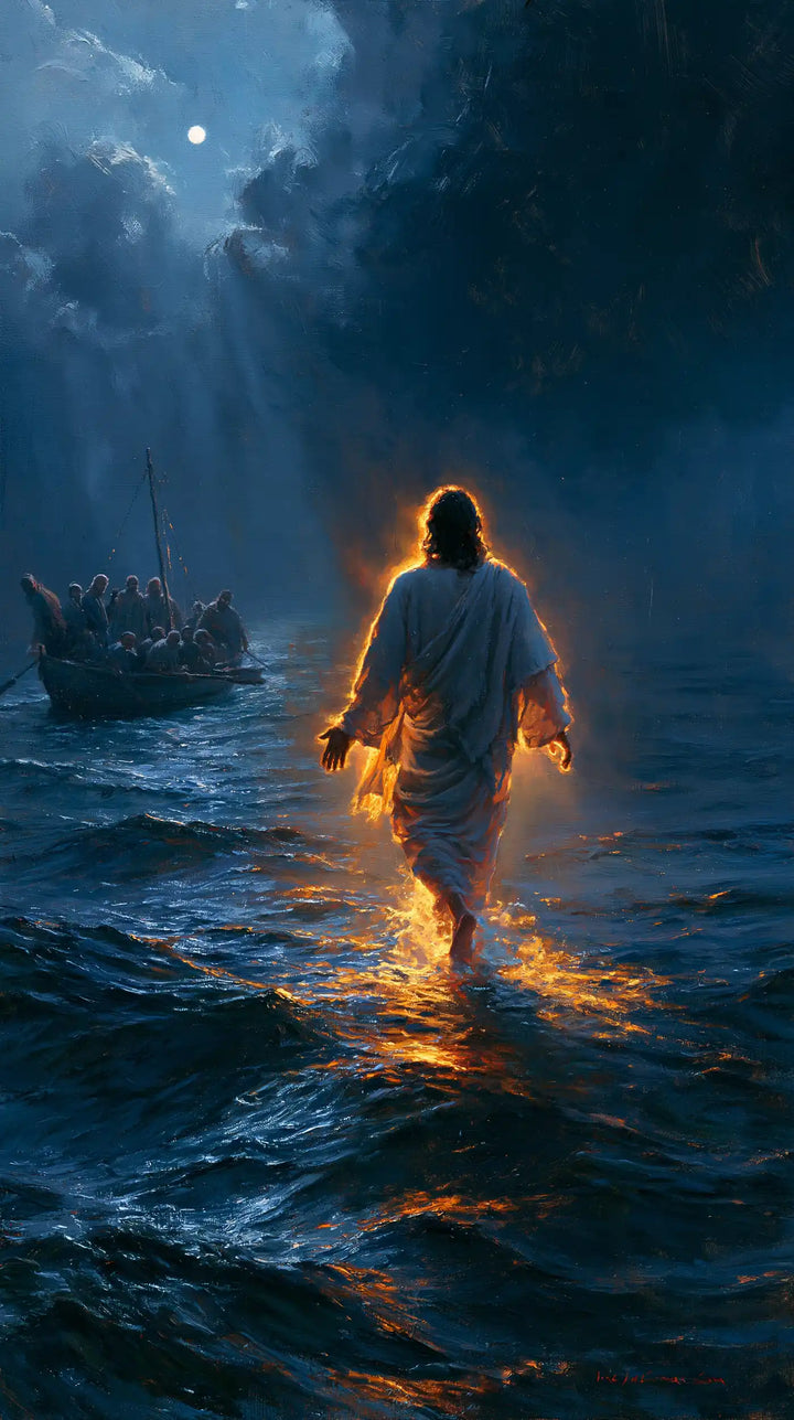 Jesus Walking on Water — The Ardent Wake beneath the Blue Vault