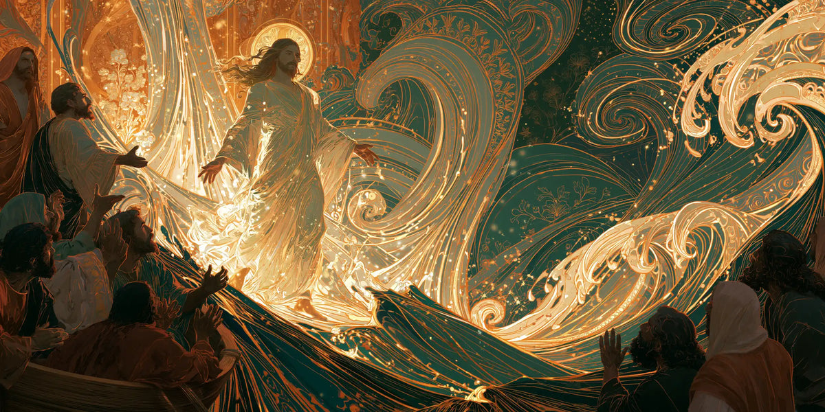 Jesus Walking on Water — The Golden Stride in Emerald Waves