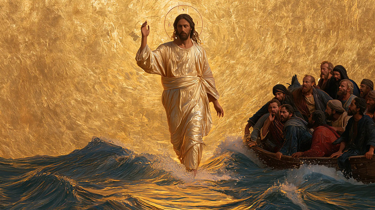 Jesus walking on water in Sacred Gold style, landscape Christian artwork no. 2
