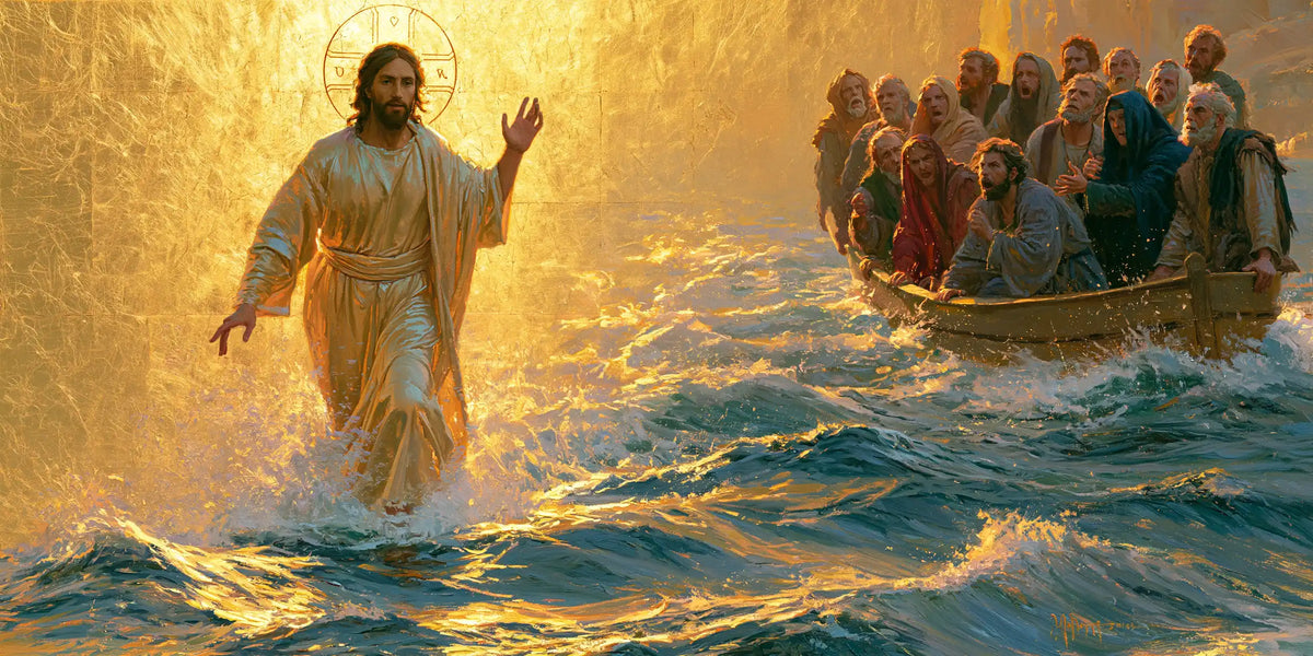 Jesus Walking on Water — The Raised Hand above Golden Turquoise
