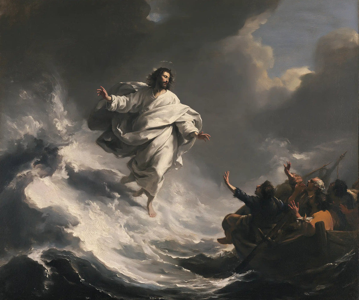 Jesus walking on water in Theatrical Baroque style, landscape Christian artwork no. 2
