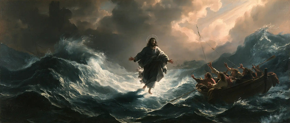 Jesus walking on water in Theatrical Baroque style, landscape Christian artwork no. 35