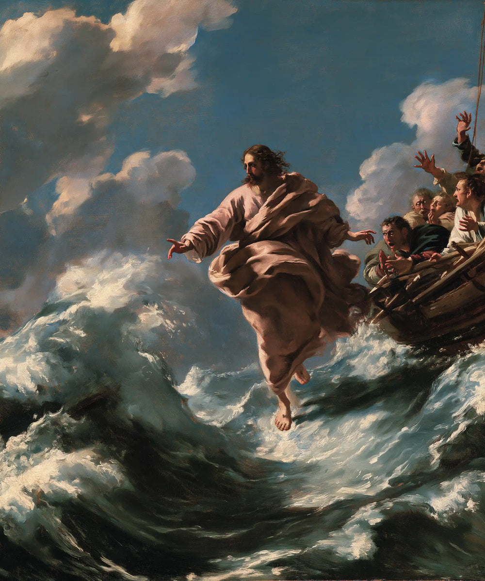 Jesus walking on water in Theatrical Baroque style, portrait Christian artwork no. 14