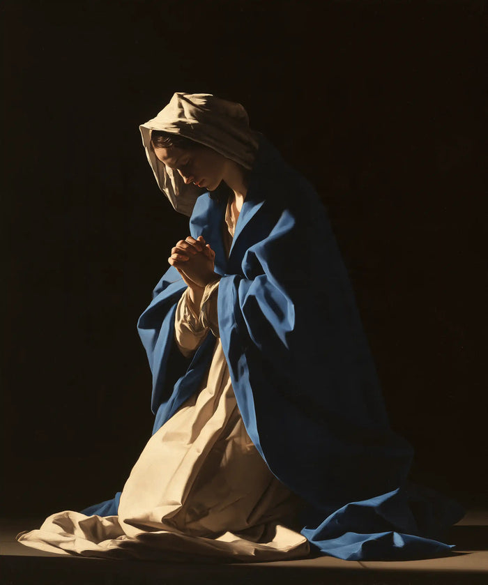 Virgin Mary in Prayer — The Pale Robe beneath Blue Shelter