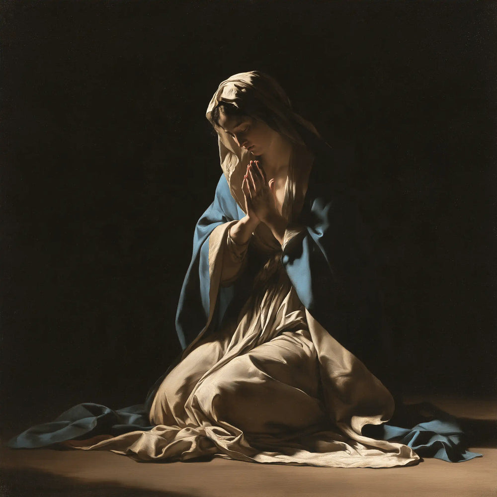 the Virgin Mary in prayer in Caravaggio Tenebrism style, square Christian artwork no. 2