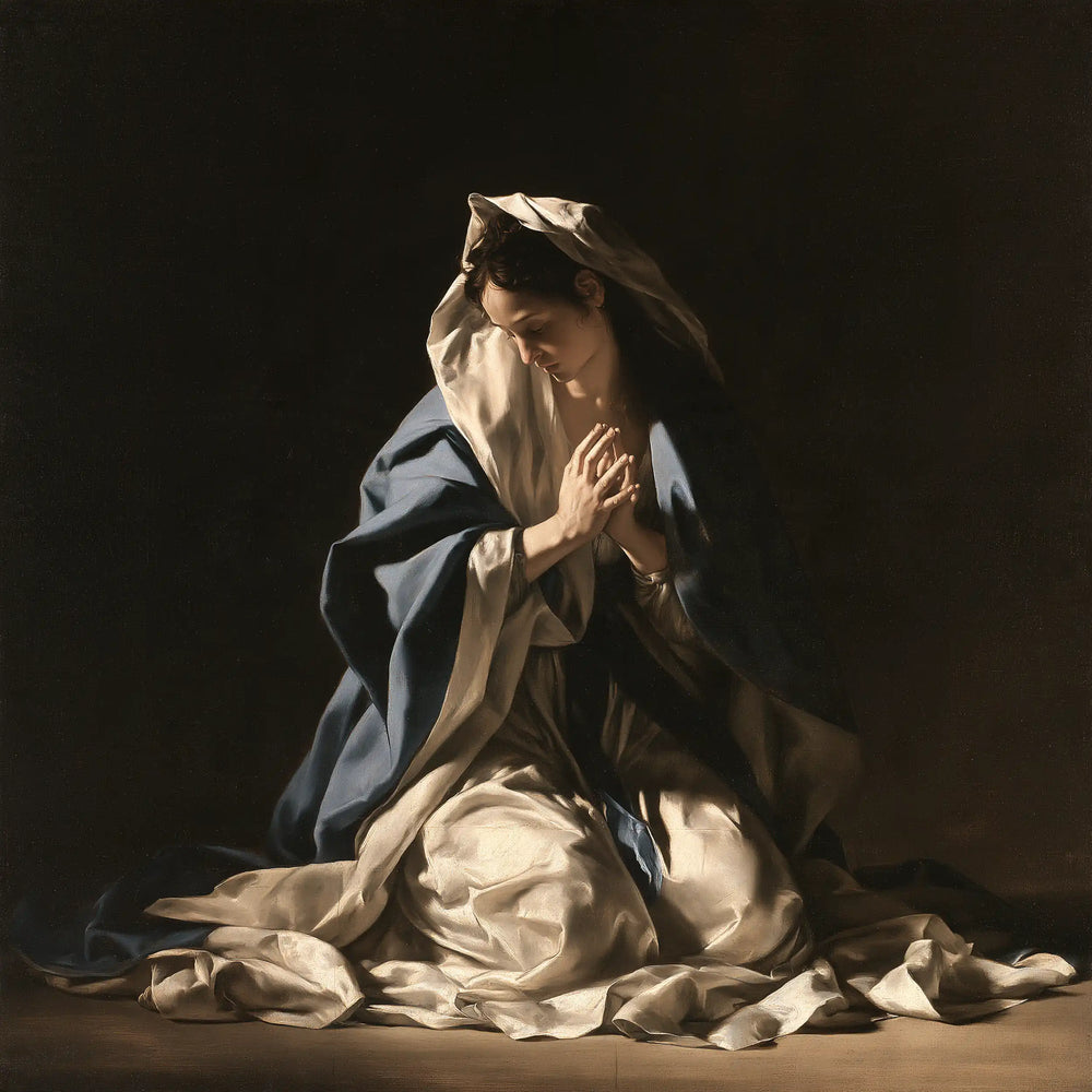the Virgin Mary in prayer in Caravaggio Tenebrism style, square Christian artwork no. 3