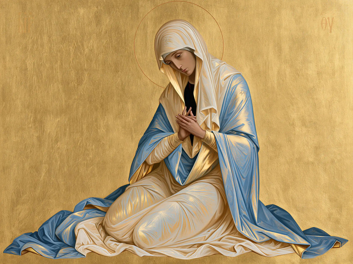 the Virgin Mary in prayer in Contemporary Byzantine style, landscape Christian artwork no. 4