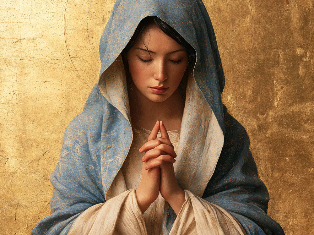 the Virgin Mary in prayer in Contemporary Byzantine style, landscape Christian artwork no. 5
