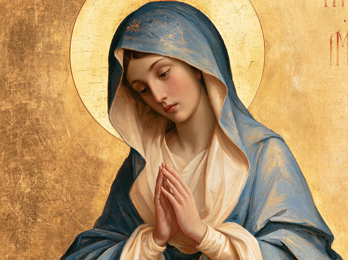 Virgin Mary in Prayer — The Cheek beside the Palms