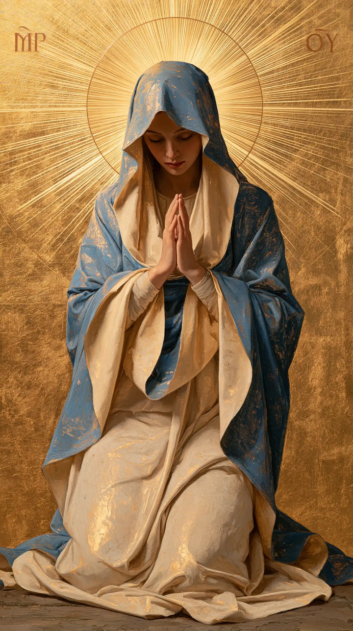 Virgin Mary in Prayer — Threads of Sun around Silence