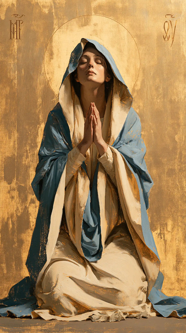 Virgin Mary in Prayer — The Upturned Gaze in Gold