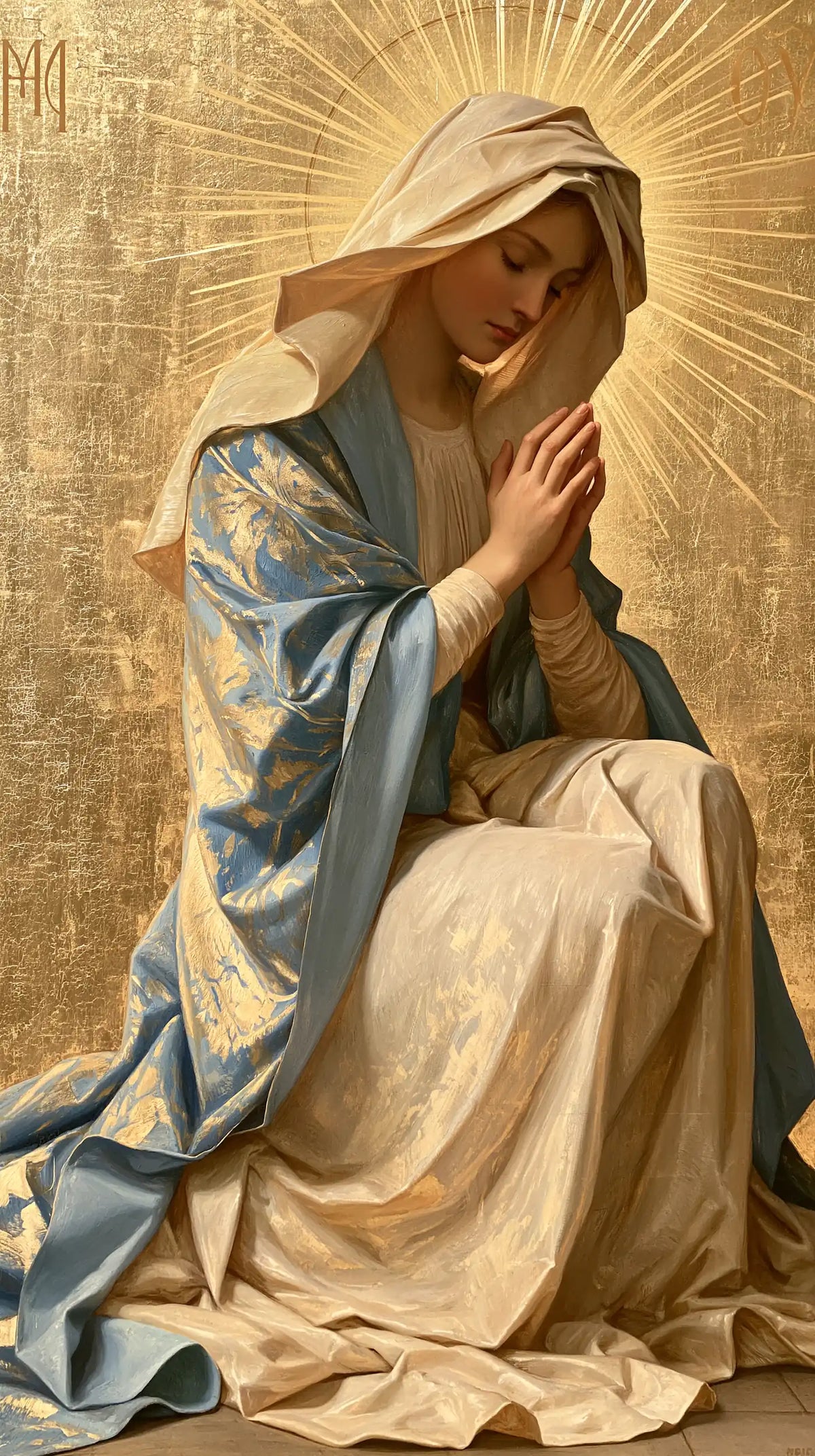 Virgin Mary in Prayer — The Veil beneath Golden Threads