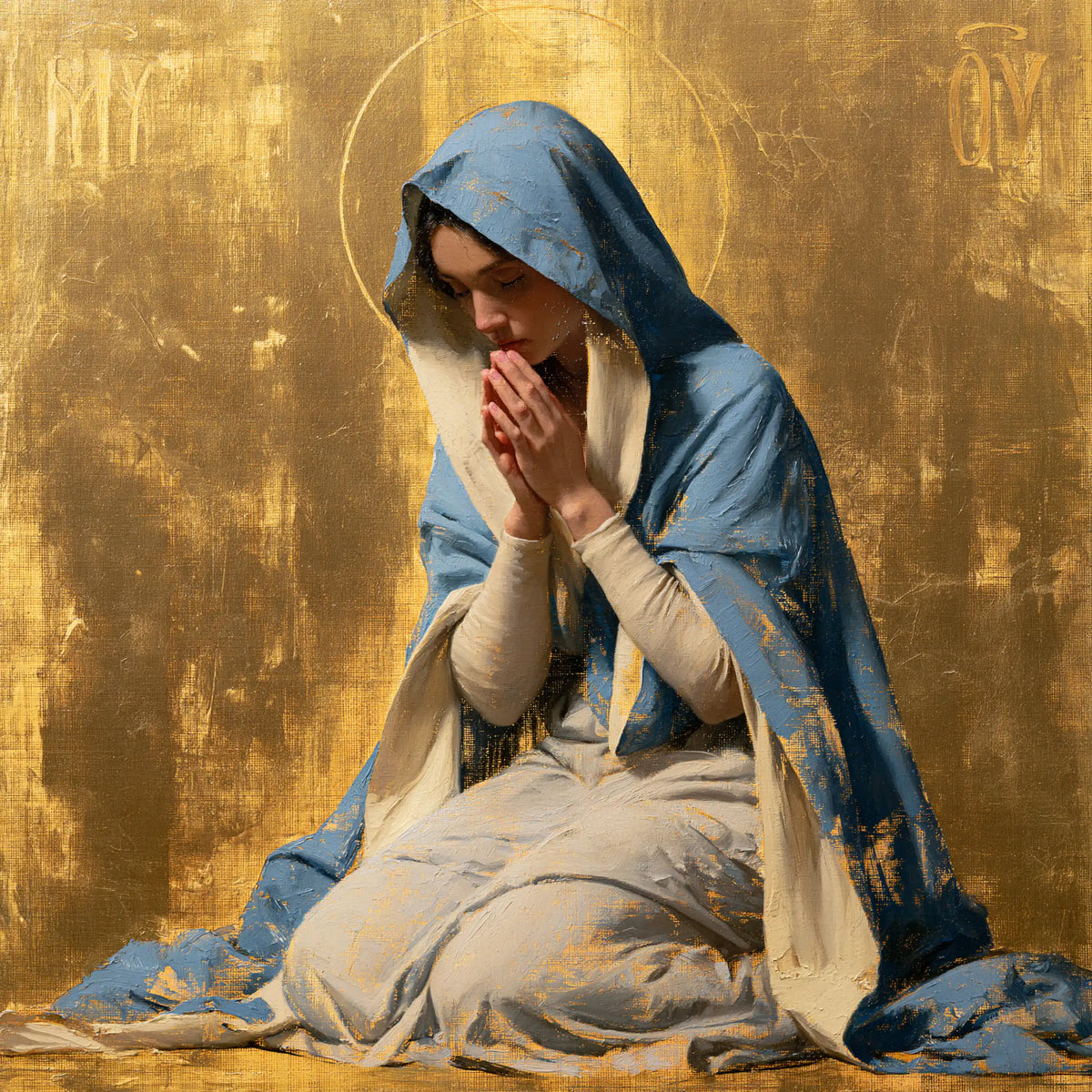 the Virgin Mary in prayer in Contemporary Byzantine style, square Christian artwork no. 7