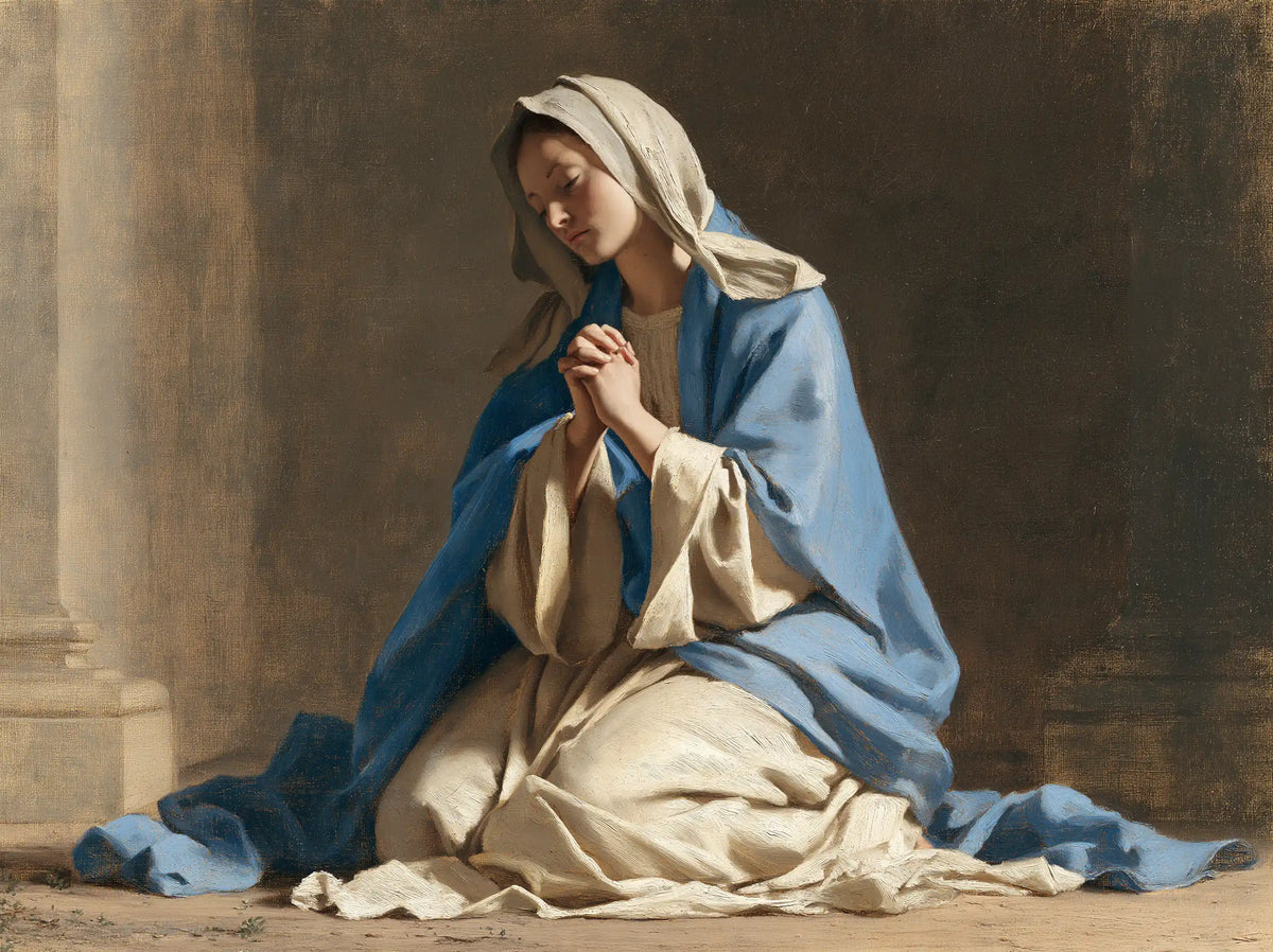 Virgin Mary in Prayer — Silence against Pale Stone