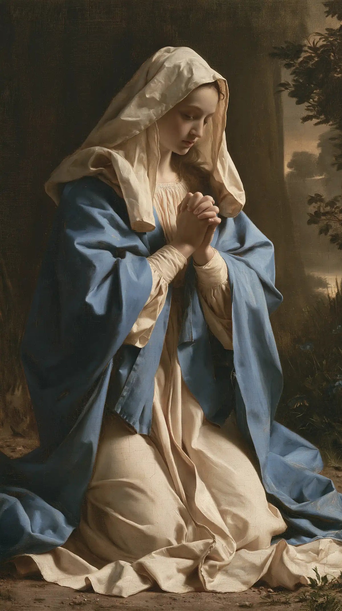 Virgin Mary in Prayer — The White Veil beside the Leaves