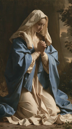 Virgin Mary in Prayer — The White Veil beside the Leaves