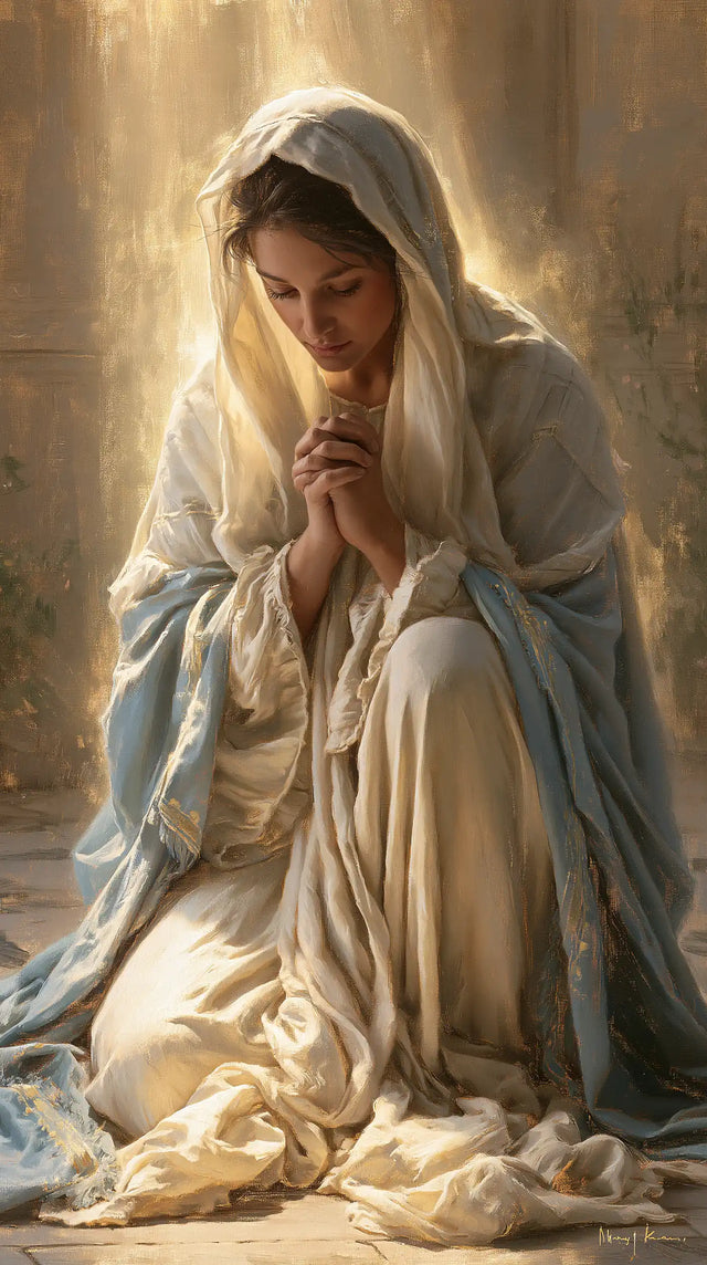 Virgin Mary in Prayer — Light behind the Ivory Veil