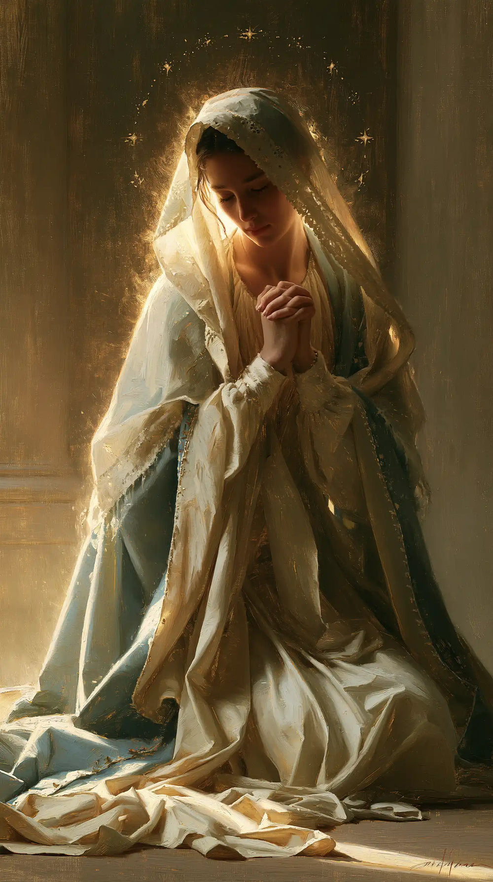the Virgin Mary illuminated during prayer in Mary in Divine Light style, portrait Christian artwork no. 35