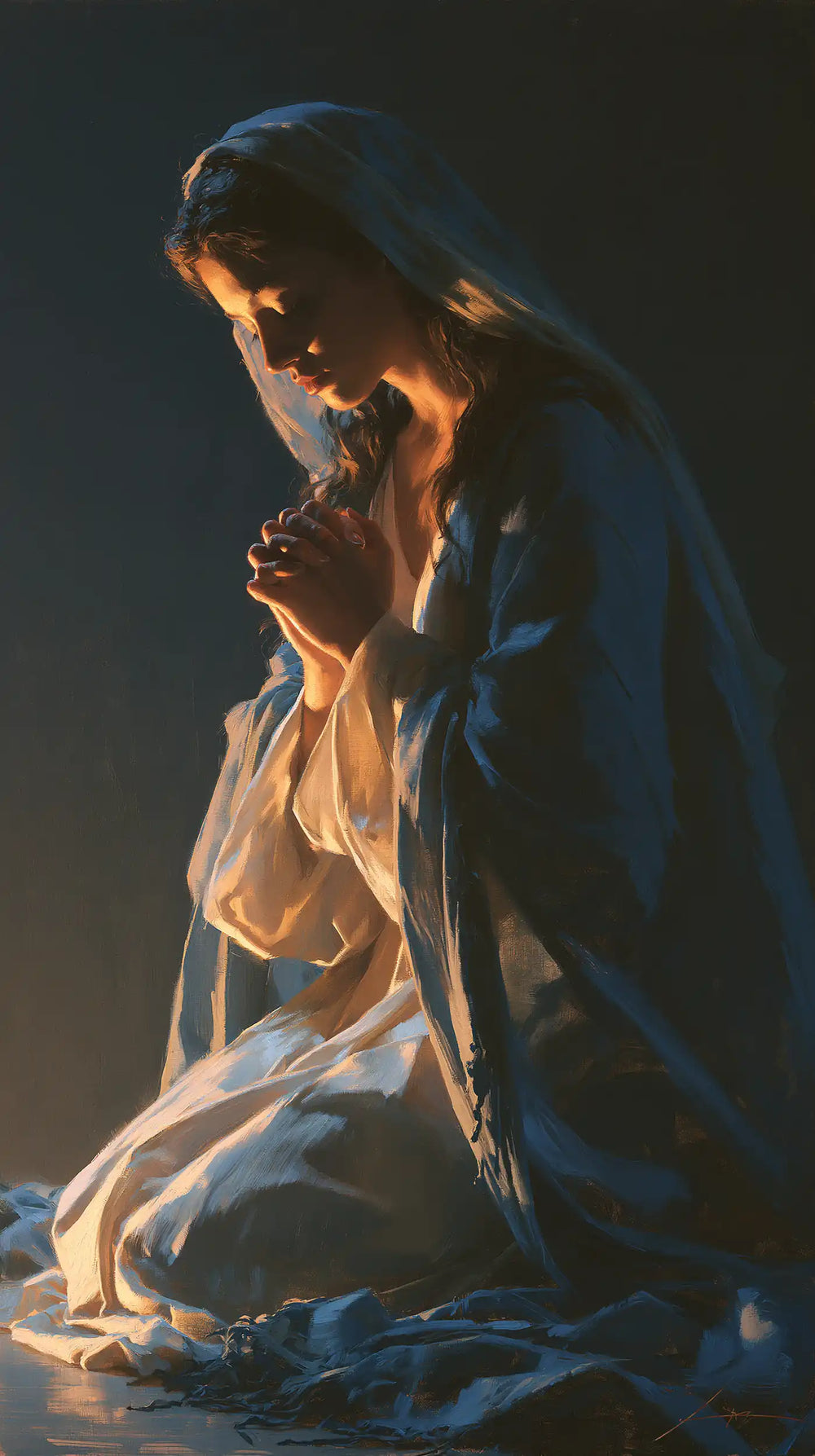 the Virgin Mary in prayer in Midnight Blue Chiaroscuro style, portrait Christian artwork no. 7