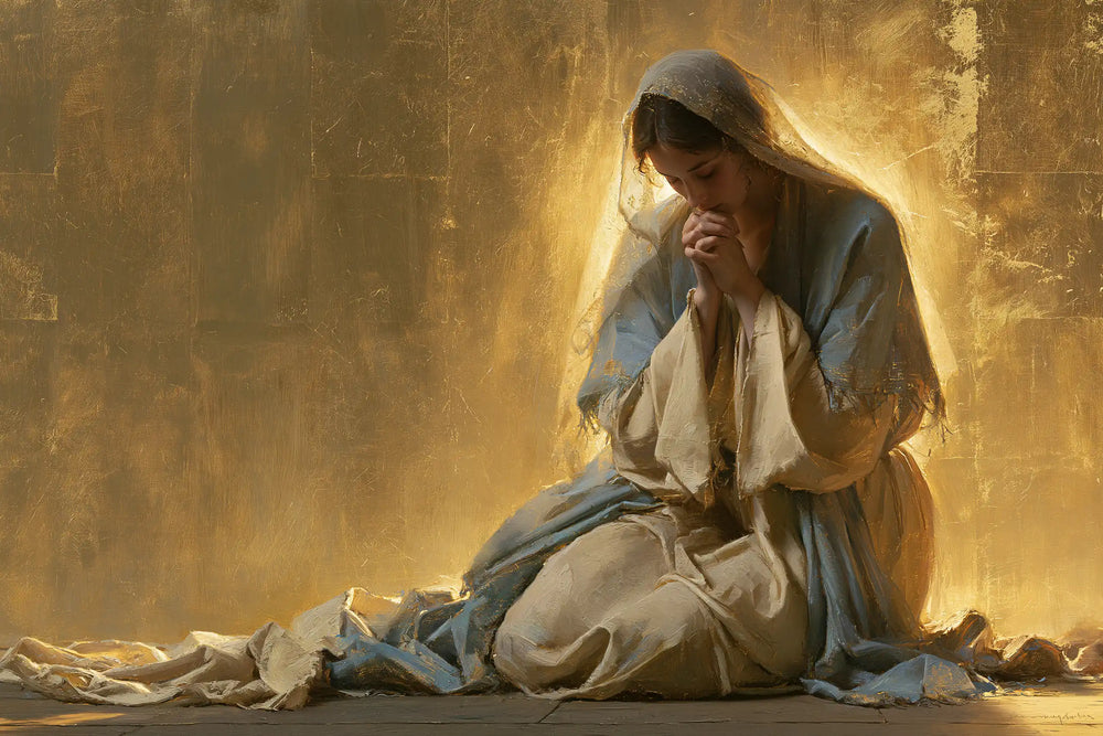 the Virgin Mary in prayer in Sacred Gold style, landscape Christian artwork no. 5