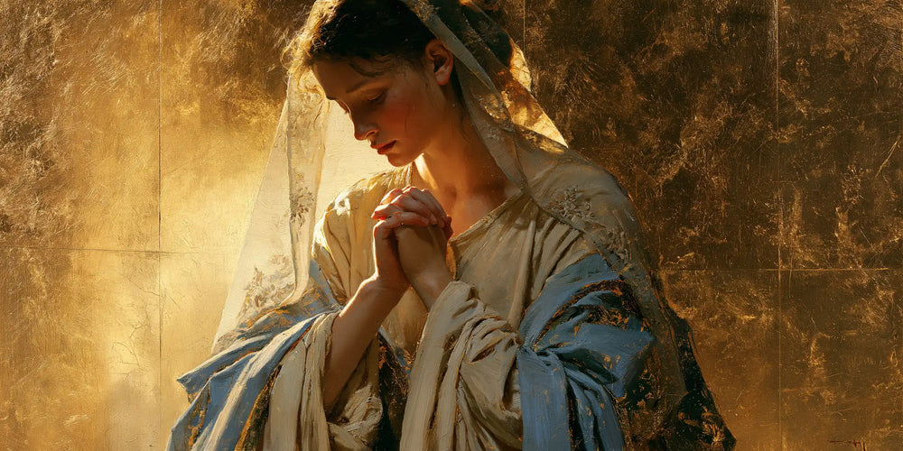 the Virgin Mary in prayer in Sacred Gold style, landscape Christian artwork no. 24