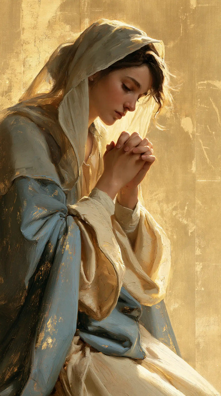 Virgin Mary in Prayer — The Face Bowed within the Beige Veil
