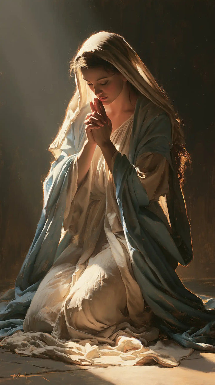 Virgin Mary in Prayer — A Confidence beneath the Brown Veil